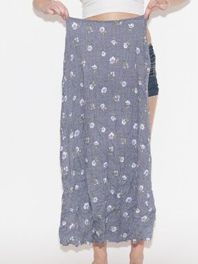 Vintage 90s flower print midi skirt navy blue gingham size 7 anchor blue